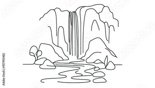 Continuous one line drawing of waterfall and lake. Vector illustration.