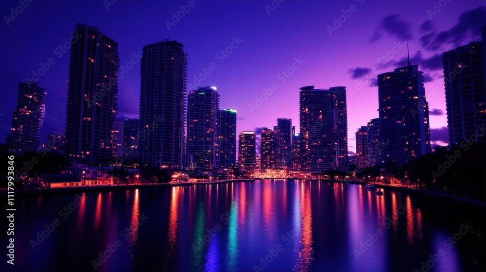Fototapeta premium A vibrant city skyline at dusk reflecting on a calm water surface.