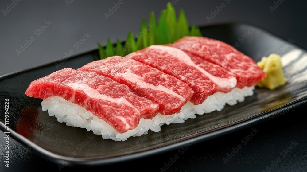 Luxurious Wagyu Sushi on a Black Plate Luxurious Wagyu Sushi on a Black Plate
