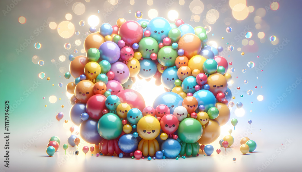 3D Bokeh digital art of balloons forming a circle with vibrant colors and copy space above. concept as Vibrantly colored balloons arranged in a circular formation with bokeh effects symbolizing celebr 3D Bokeh digital art of balloons forming a circle with vibrant colors and copy space above. concept as Vibrantly colored balloons arranged in a circular formation with bokeh effects symbolizing celebr