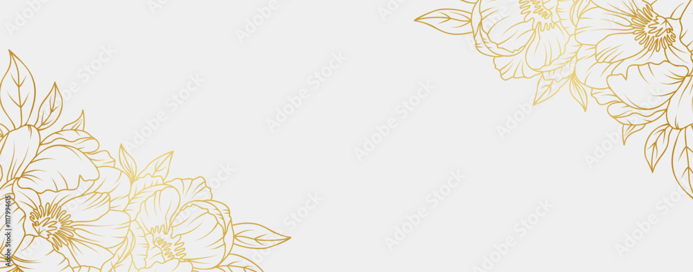 Obraz premium Luxury gold peony flowers background. Floral pattern tropical in line art style for greeting, invitation, wedding card, wall art, wallpaper and print. Vector illustration