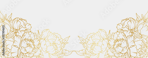 Luxury gold peony flowers background. Floral pattern tropical in line art style for greeting, invitation, wedding card, wall art, wallpaper and print. Vector illustration