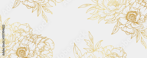 Luxury gold peony flowers background. Floral pattern tropical in line art style for greeting, invitation, wedding card, wall art, wallpaper and print. Vector illustration
