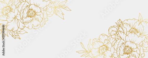 Luxury gold peony flowers background. Floral pattern tropical in line art style for greeting, invitation, wedding card, wall art, wallpaper and print. Vector illustration