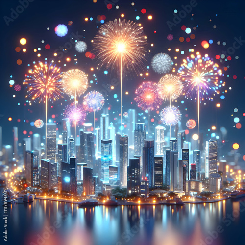 3D Bokeh digital art of fireworks over a city skyline at night copy space above. concept as Spectacular bokeh digital art showcasing vibrant fireworks illuminating a city skyline at night symbolizing 