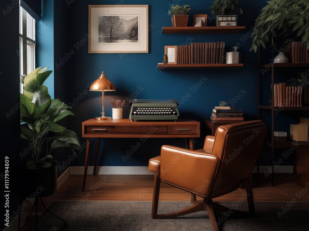 Ancient 1900s living room with leather chair, table and typewriter on a blue plain wall Ancient 1900s living room with leather chair, table and typewriter on a blue plain wall