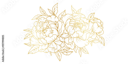 Golden peony flowers line art isolated on white background. Luxury floral design elements for invitation, wedding, wallpaper, print template, vector illustration