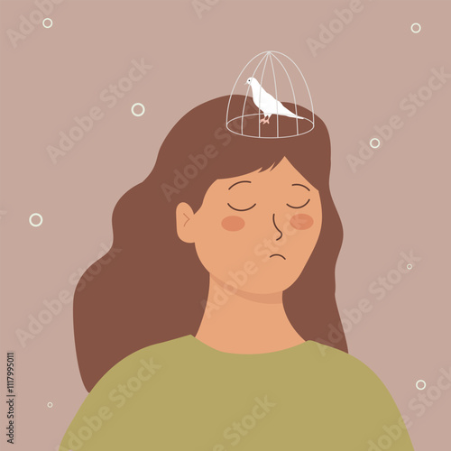 Inner freedom concept. Woman with brain in head. Dove leave cage. Mental health and psychology. Awareness and minfulness. Cartoon flat vector illustration isolated on white background