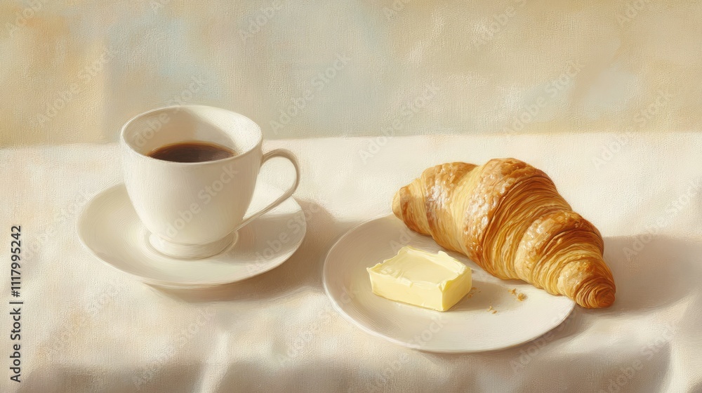 Warm Morning Breakfast with Coffee and Croissant Warm Morning Breakfast with Coffee and Croissant