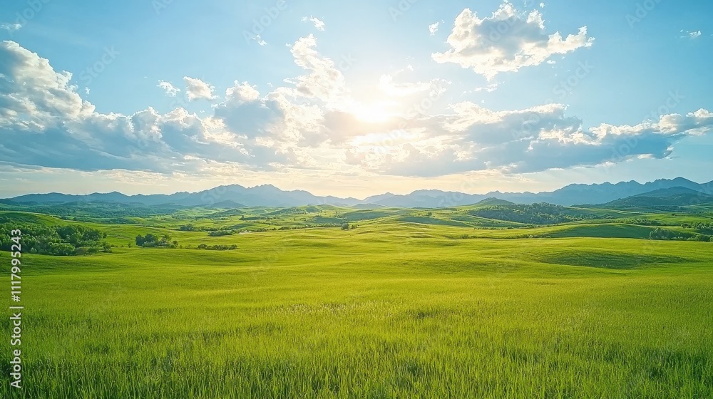 A serene landscape featuring lush green fields under a bright blue sky with fluffy clouds, illuminated by warm sunlight. A serene landscape featuring lush green fields under a bright blue sky with fluffy clouds, illuminated by warm sunlight.