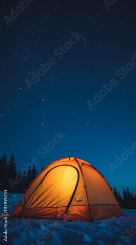 Starry Winter Night: A Tent Set Up Under a Clear Star-Filled Sky