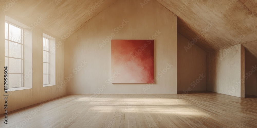 Bright and spacious room with minimalist design showcasing a vibrant abstract painting on the wall Bright and spacious room with minimalist design showcasing a vibrant abstract painting on the wall