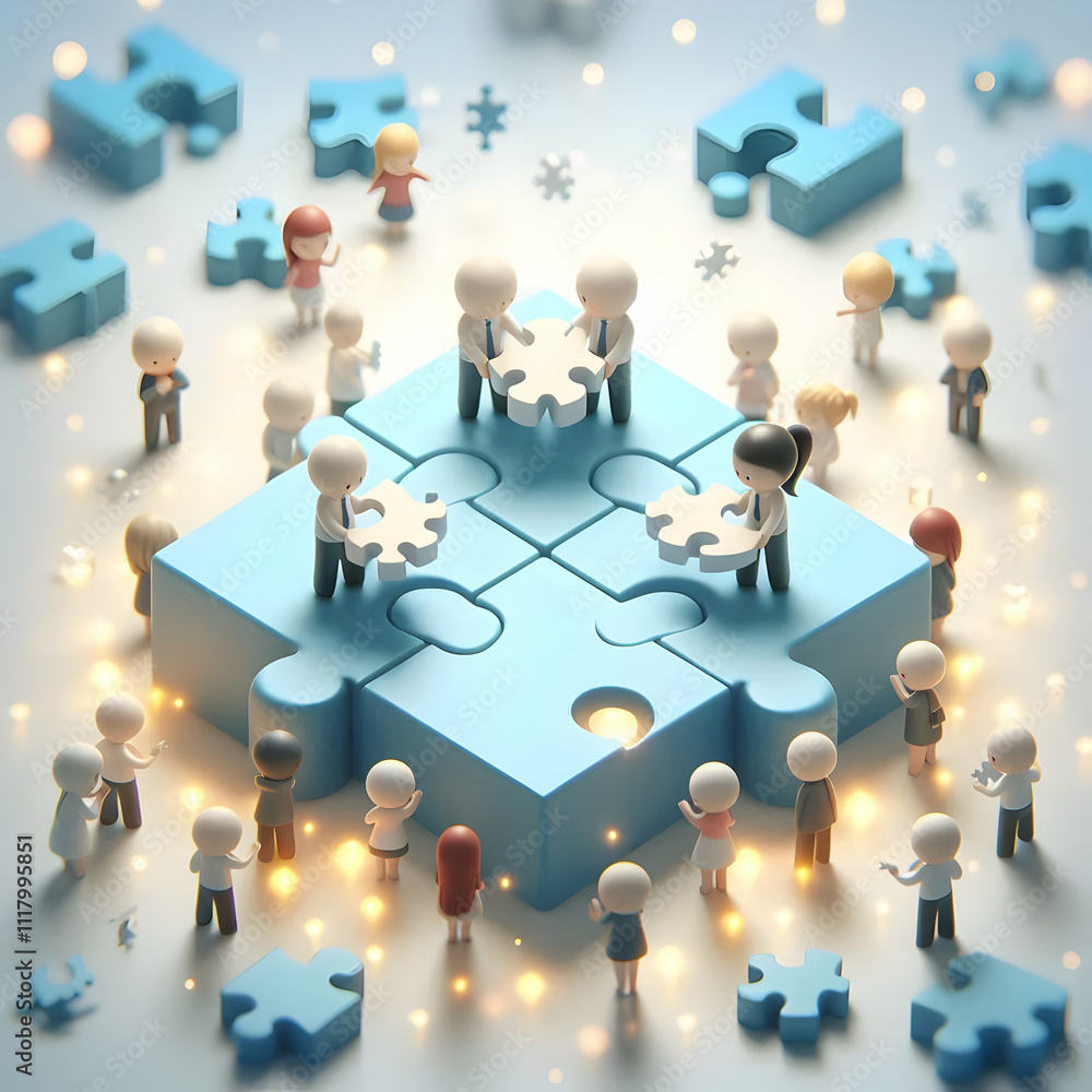 3D Bokeh digital art with team holding puzzle pieces together copy space above. concept as A bokeh digital art scene of a team holding puzzle pieces together representing unity and collaborative effor 3D Bokeh digital art with team holding puzzle pieces together copy space above. concept as A bokeh digital art scene of a team holding puzzle pieces together representing unity and collaborative effor