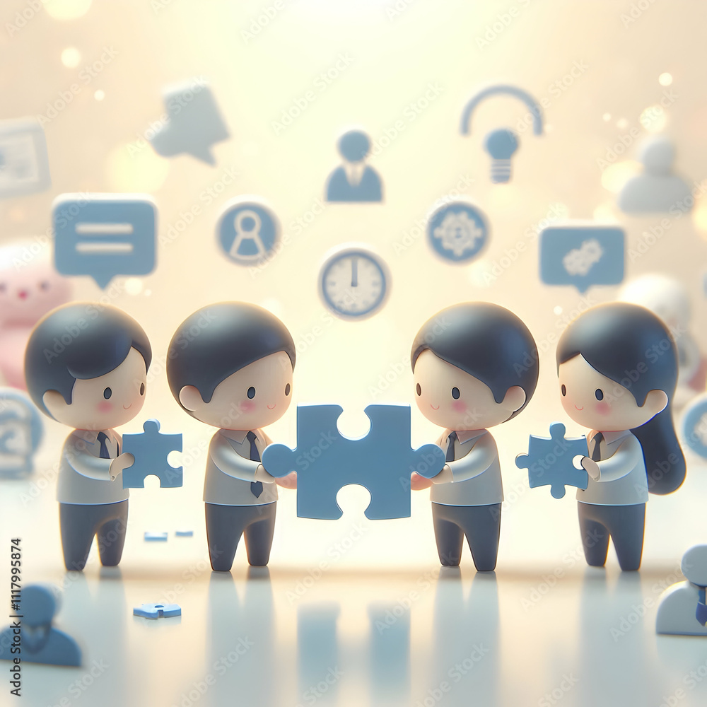 3D Bokeh digital art with team holding puzzle pieces together copy space above. concept as A bokeh digital art scene of a team holding puzzle pieces together representing unity and collaborative effor 3D Bokeh digital art with team holding puzzle pieces together copy space above. concept as A bokeh digital art scene of a team holding puzzle pieces together representing unity and collaborative effor