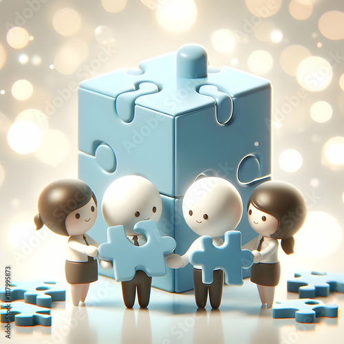 3D Bokeh digital art with team holding puzzle pieces together copy space above. concept as A bokeh digital art scene of a team holding puzzle pieces together representing unity and collaborative effor photo