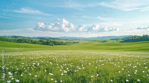 A serene landscape of lush green fields dotted with white flowers under a bright blue sky and fluffy clouds.