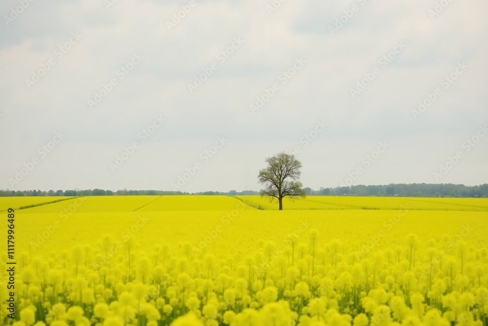 Solitary tree amidst vast yellow canola fields under cloudy sky Solitary tree amidst vast yellow canola fields under cloudy sky
