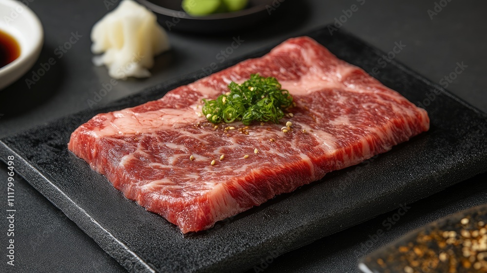 Fresh Wagyu Beef Cut on Slate Plate Fresh Wagyu Beef Cut on Slate Plate