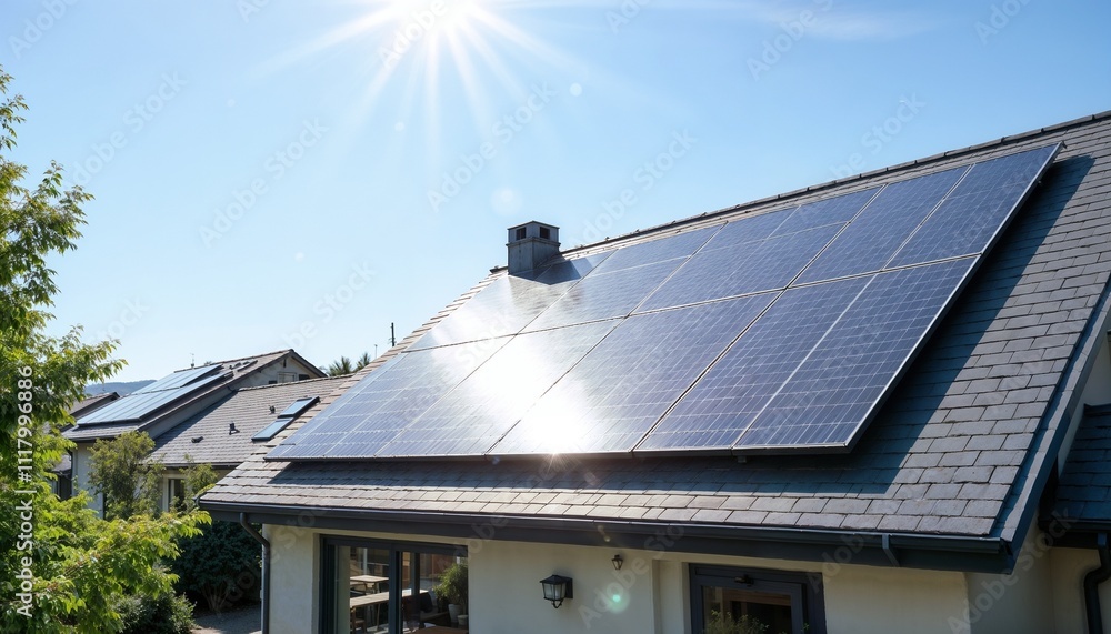 Modern house with solar panels on roof under bright sun for renewable energy concept Modern house with solar panels on roof under bright sun for renewable energy concept