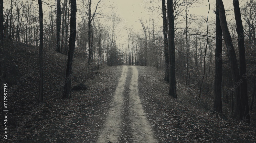 Obraz premium A winding dirt path through a bare, moody forest in grayscale.