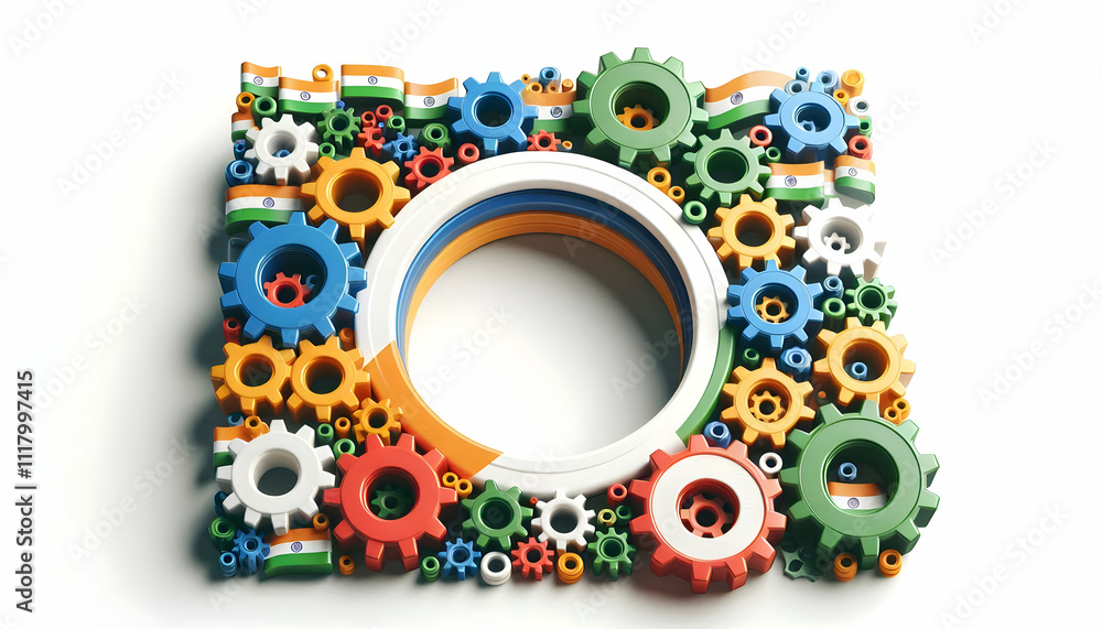 3D Border frame with gears interlocking and national flag colors copy space in center. concept as An innovative border frame featuring interlocking gears colored with national flag hues along the edge 3D Border frame with gears interlocking and national flag colors copy space in center. concept as An innovative border frame featuring interlocking gears colored with national flag hues along the edge