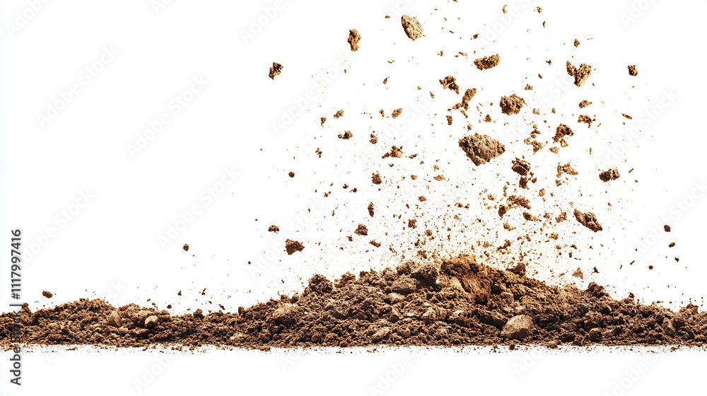 Dirt flying, soil pile scattered isolated on white background Dirt flying, soil pile scattered isolated on white background