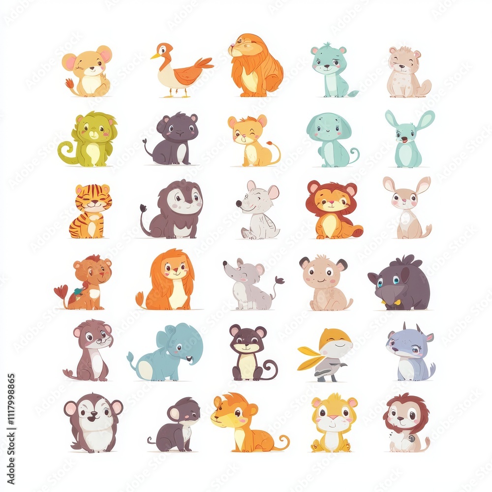 custom made wallpaper toronto digitalAn extensive array of adorable cartoon animal icons, all isolated on a white background.