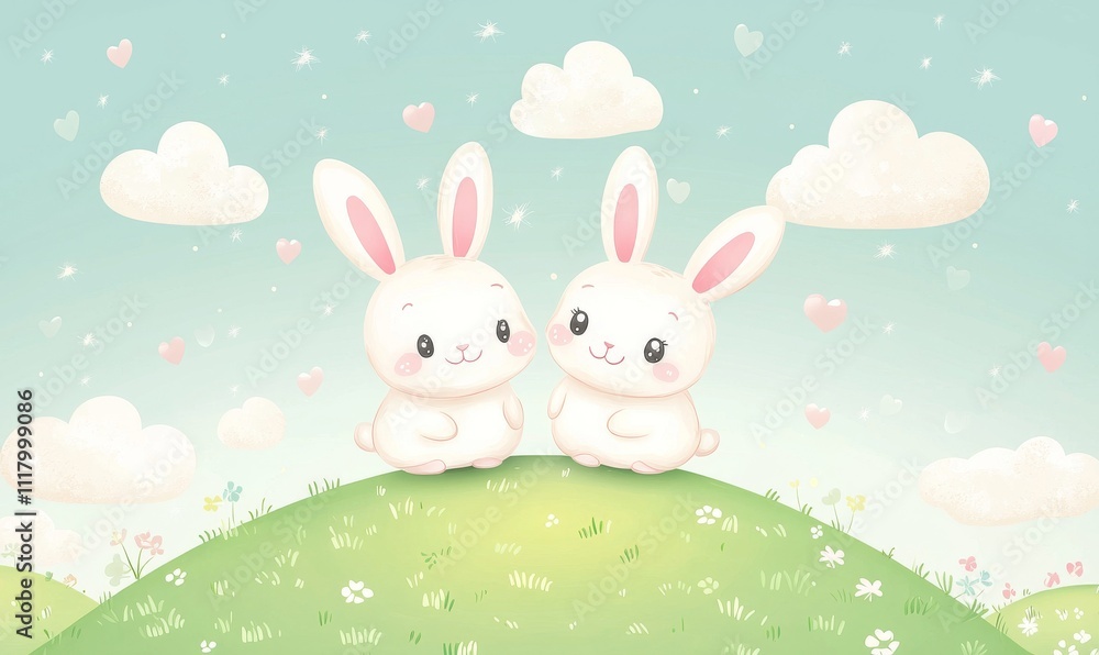 Tiny bunny and companion in a lush green forest. Charming animal cartoon illustration. Tiny bunny and companion in a lush green forest. Charming animal cartoon illustration.
