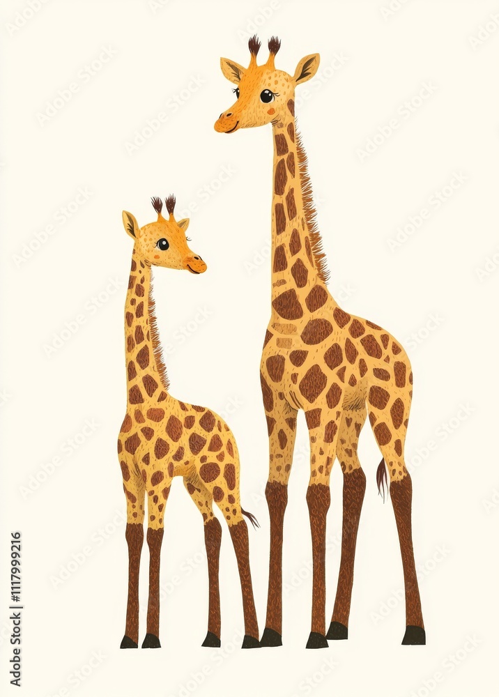 Hand-painted watercolor illustration of a mother and baby giraffe, depicted as wild animals, isolated on a white background. Hand-painted watercolor illustration of a mother and baby giraffe, depicted as wild animals, isolated on a white background.