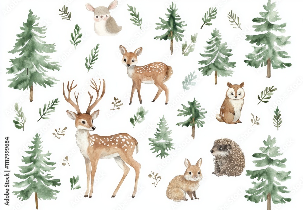 A set of forest animals including an owl, hedgehog, fox, butterfly, bunny rabbit, squirrel, chipmunk, bear, and bird, perfect for a Scandinavian nursery. The design is a watercolor poster intended A set of forest animals including an owl, hedgehog, fox, butterfly, bunny rabbit, squirrel, chipmunk, bear, and bird, perfect for a Scandinavian nursery. The design is a watercolor poster intended