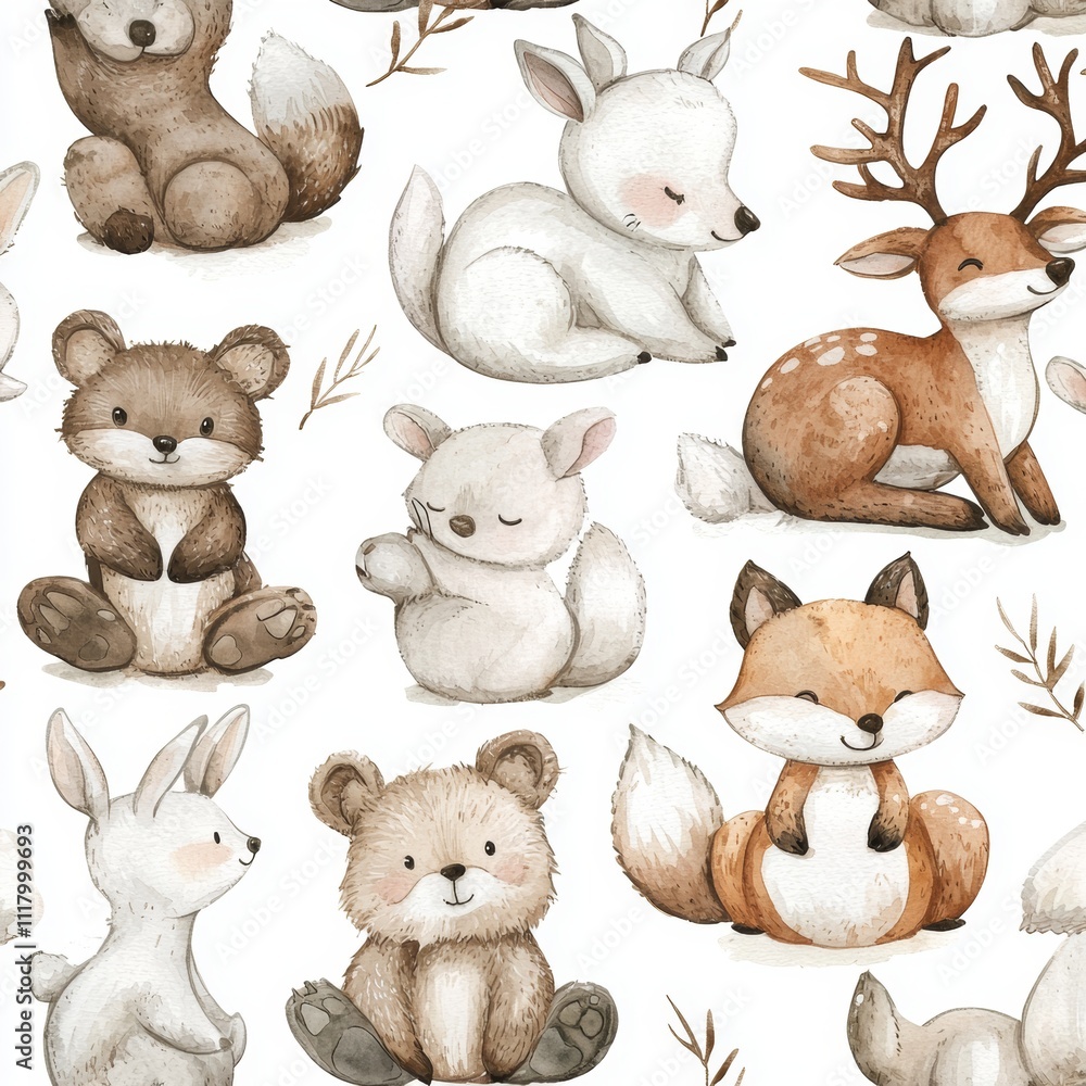 Naklejka premium Seamless watercolor pattern featuring winter animals like bears, deer, squirrels, and foxes. Ideal for textile, wrapping, covers, and decoration with a woodland theme.