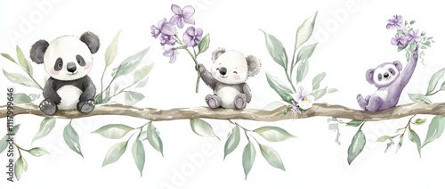 A set of watercolor animals including a panda, sloth, giraffe, koala, and elephant. photo