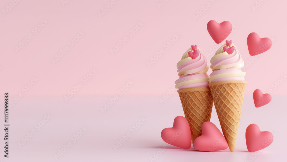 Valentine ice cream concept. Ice cream cones with hearts on pastel pink background Valentine ice cream concept. Ice cream cones with hearts on pastel pink background