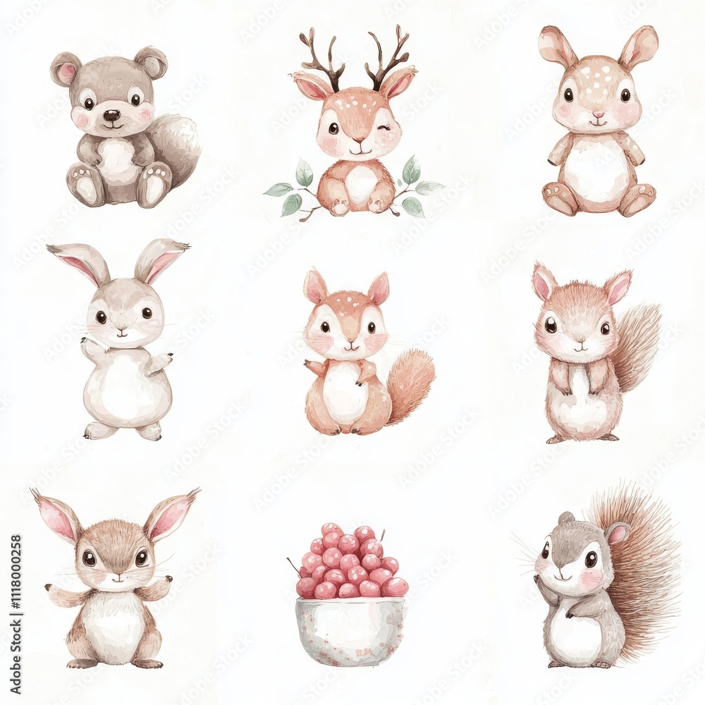 Obraz premium Watercolor illustrations of forest animals, including a bear, fox, bunny, and raccoon, designed for children.