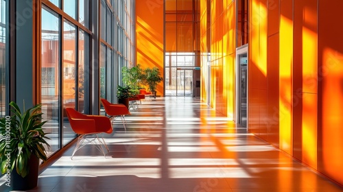 Modern Office Lobby with Orange Walls and Sunlight