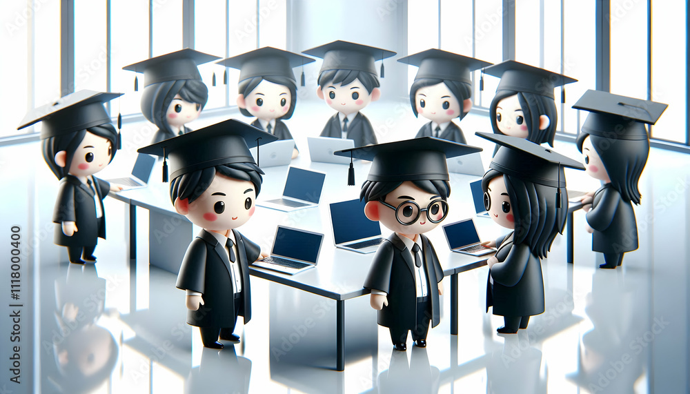 Obraz premium 3D Business graduates holding laptops in glossy office copy space on left concept as Business graduates holding laptops in a glossy office showcasing digital collaboration and modern professional succ
