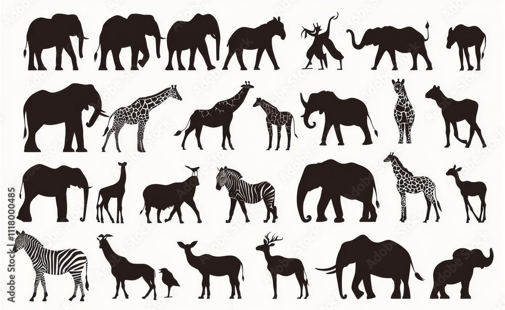 Fototapeta premium A collection of African safari animal silhouettes featuring elephants, giraffes, rhinos, and lions.