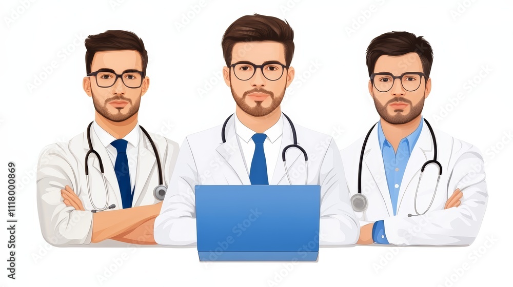 Three doctors collaborate on a laptop, healthcare, technology, and medical teamwork in modern medicine Three doctors collaborate on a laptop, healthcare, technology, and medical teamwork in modern medicine