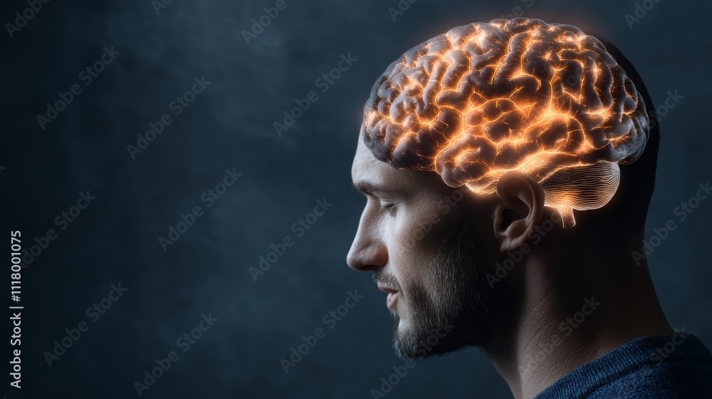 Man with glowing brain, a conceptual illustration of innovation, ideas, and the power of the human mind Man with glowing brain, a conceptual illustration of innovation, ideas, and the power of the human mind