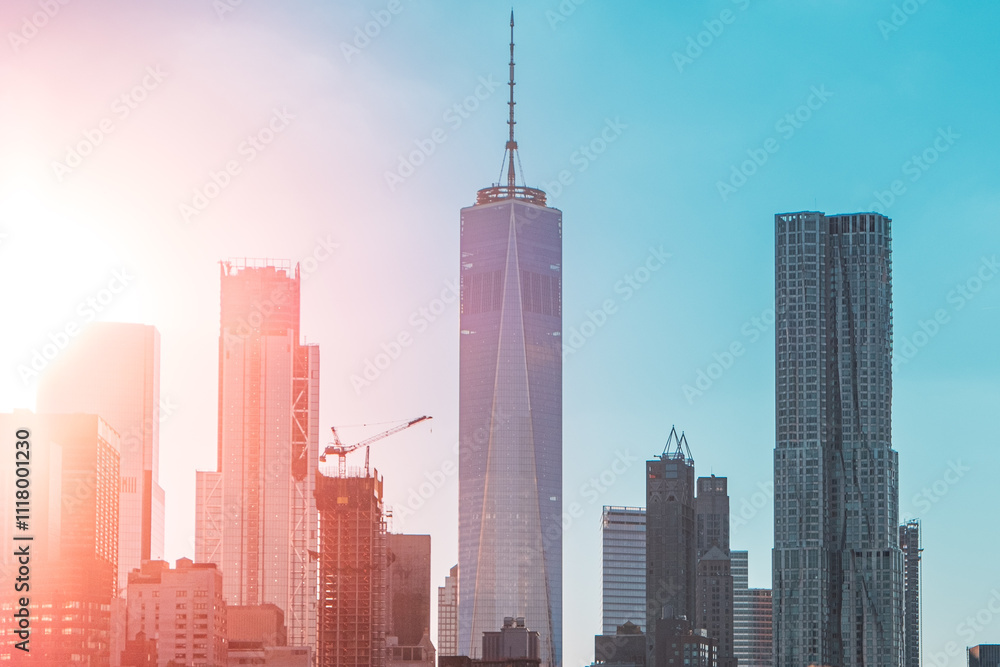 Modern Urban Skyline Featuring Tall Skyscrapers Against a Blue Sky With Sunlight and Architectural Landmarks Modern Urban Skyline Featuring Tall Skyscrapers Against a Blue Sky With Sunlight and Architectural Landmarks