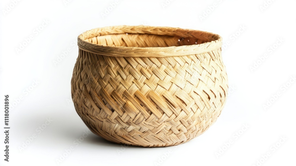 A woven basket made from natural materials, used for storage or carrying items. A woven basket made from natural materials, used for storage or carrying items.