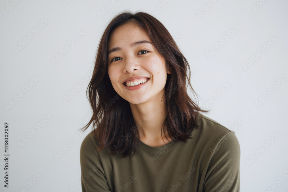 Smiling Asian Woman in Olive Green Top Against White Background Smiling Asian Woman in Olive Green Top Against White Background