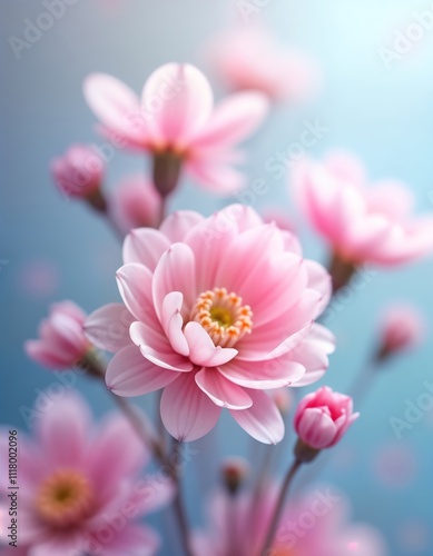 Pink flowers gently bloom against light blue background. Soft focus creates dreamy ambiance. Delicate petals, smooth curves suggest gentle flow. Delicate beauty evokes feelings of peace, serenity.