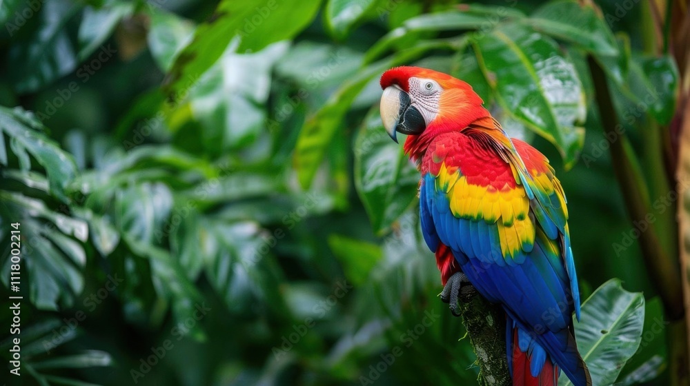 A vibrant parrot perched among lush green foliage. A vibrant parrot perched among lush green foliage.