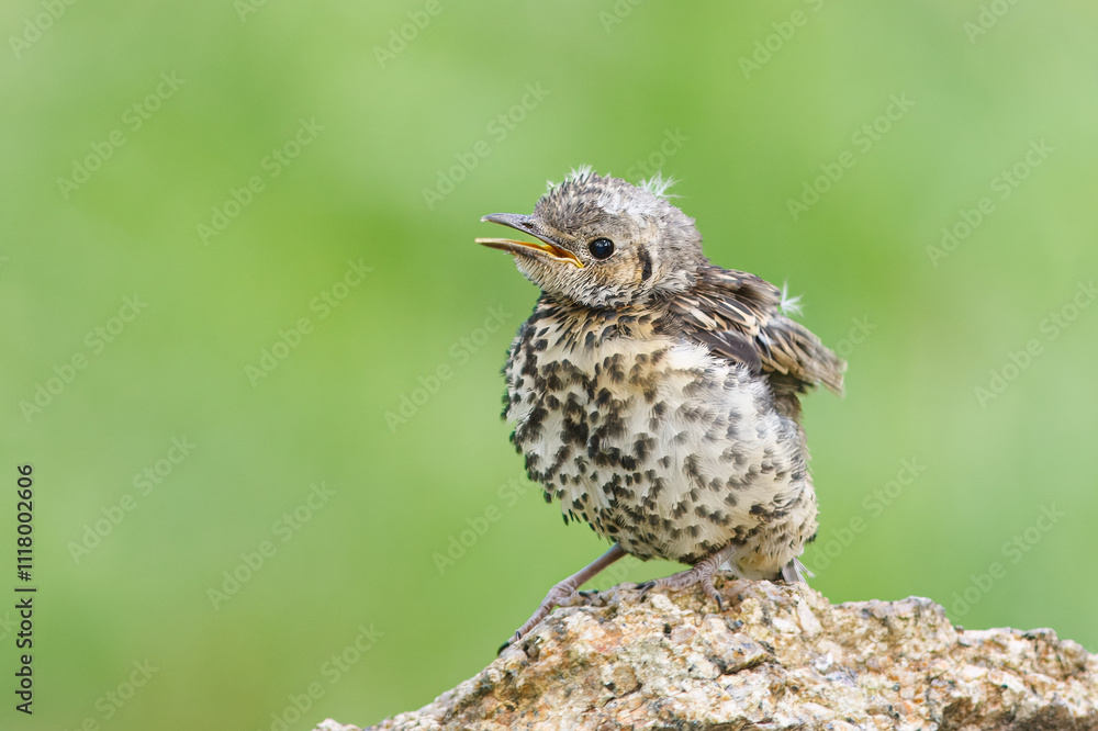 Thrush with the scientific name of (Turdus viscivorus). Still juvenile bird calling for parents to give food. Thrush with the scientific name of (Turdus viscivorus). Still juvenile bird calling for parents to give food.