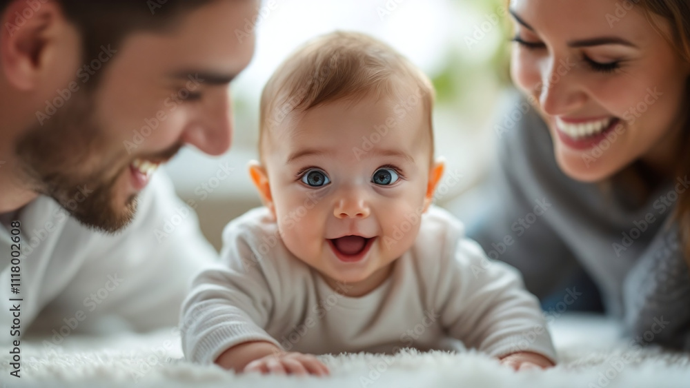 Family bonding moment with a baby crawling on a soft rug in a cozy home setting. Family bonding moment with a baby crawling on a soft rug in a cozy home setting.