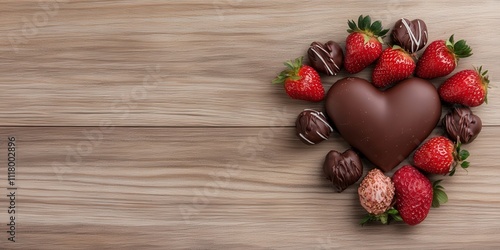 Romantic heart-shaped chocolate surrounded by fresh strawberries and gourmet truffles on rustic wooden tabletop, perfect for any special occasion