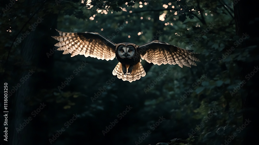 Fototapeta premium A majestic owl gliding through a dimly lit forest, showcasing its impressive wingspan.