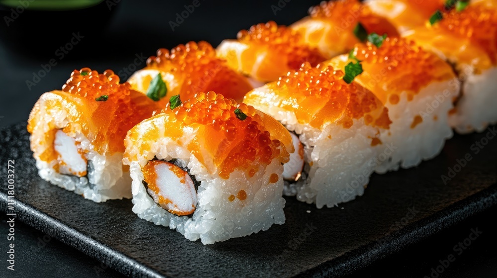 Artistic Shot of Salmon Roe Sushi on Black Plate Artistic Shot of Salmon Roe Sushi on Black Plate