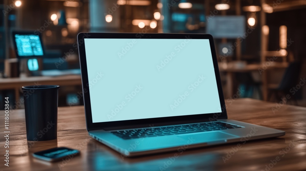 Modern Workspace with Laptop and Coffee Mug Modern Workspace with Laptop and Coffee Mug